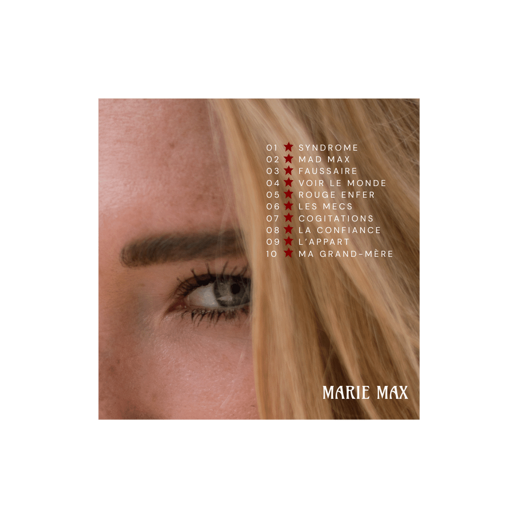 Dos de la pochette de l'Album 10 morceaux de Marie Max composé du tracklist et d'une photo zoomée dans l'œil de l'artiste