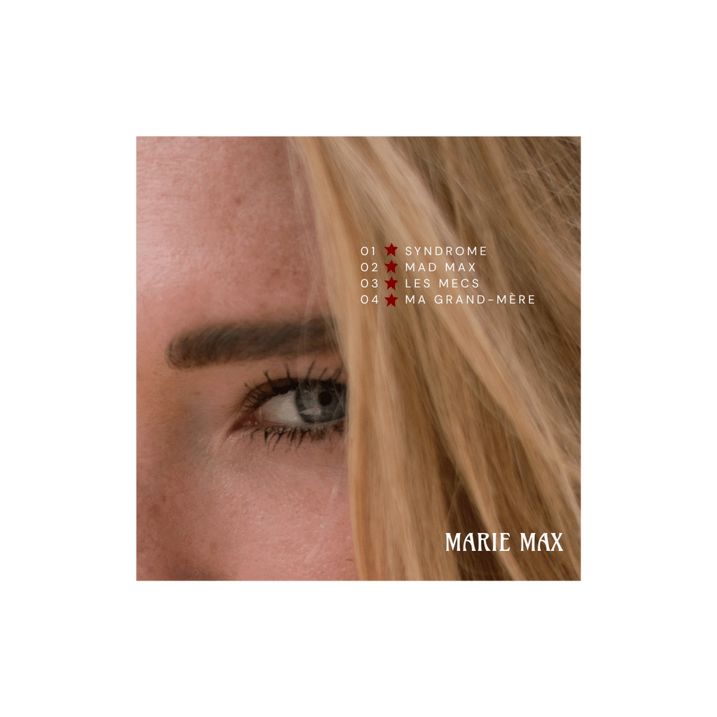Dos de la pochette de l'EP 4 morceaux de Marie Max composé du tracklist et d'une photo zoomée dans l'œil de l'artiste