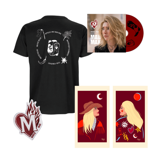 Pack Marie Max composé du t-shirt noir, de l'album, du patch et de 2 affiches déco représentant Marie et Max de profil 