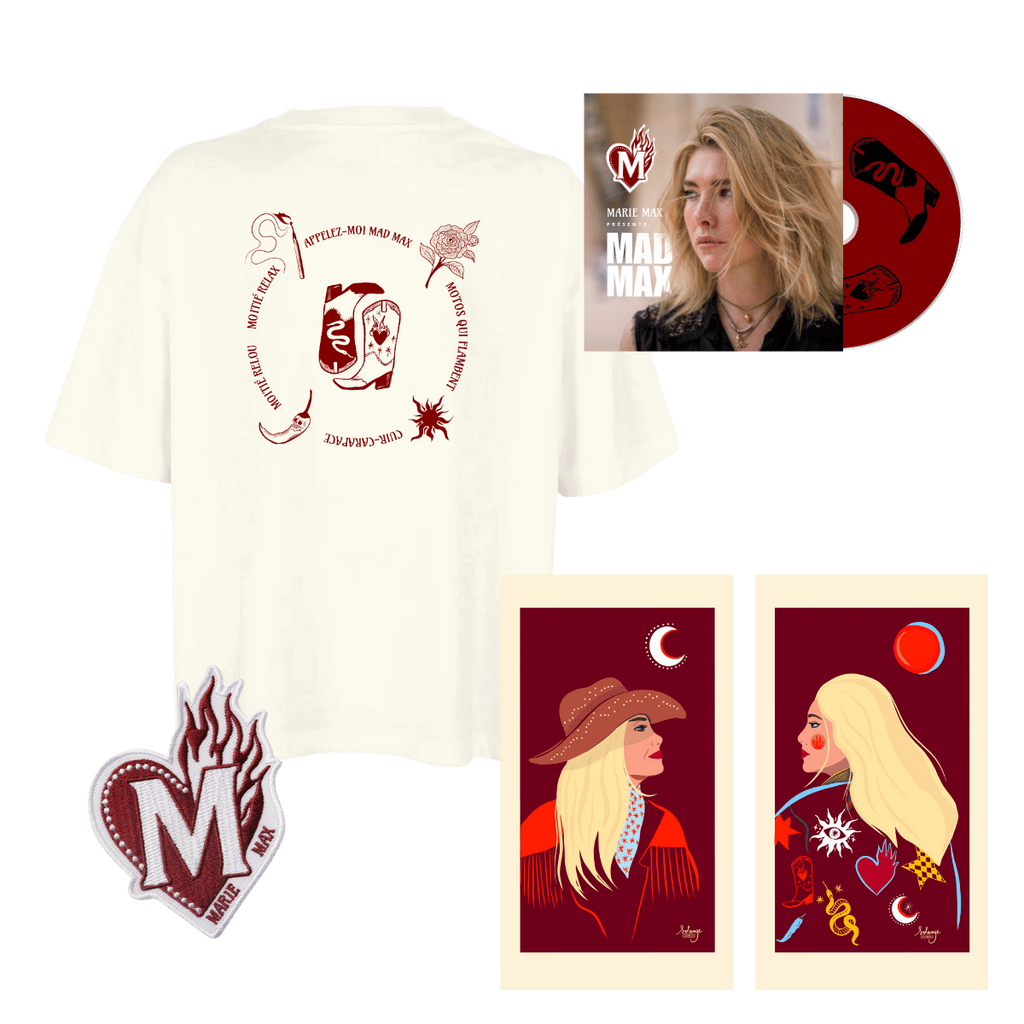 Pack Marie Max composé du t-shirt écru, de l'album, du patch et de 2 affiches déco représentant Marie et Max de profil 