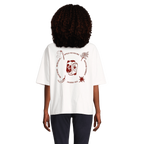 T-shirt Marie Max écru avec illustrations de Solange Stories dans le dos représentant des santiags, un camélia, un piment, un soleil et une allumette mêlées aux paroles de la chanson Mad Max