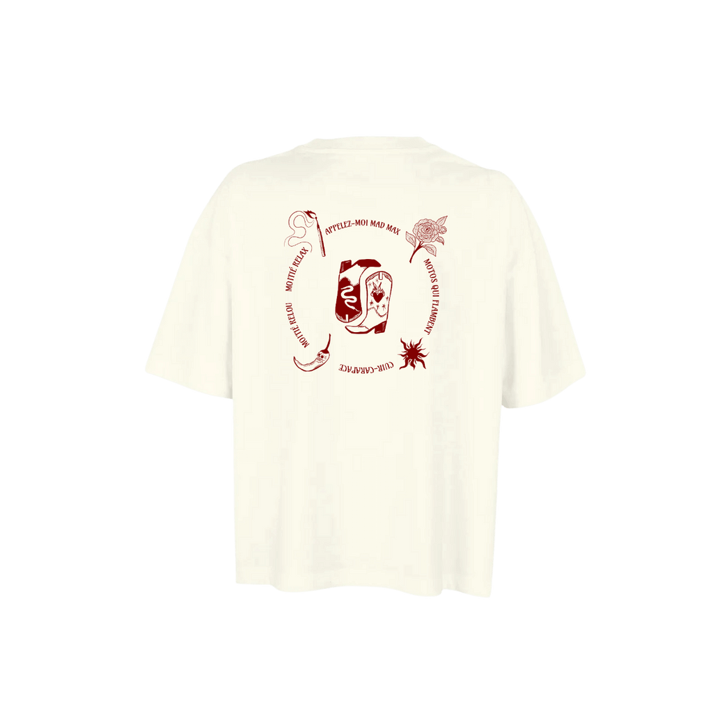 T-shirt Marie Max écru avec illustrations de Solange Stories dans le dos représentant des santiags, un camélia, un piment, un soleil et une allumette mêlées aux paroles de la chanson Mad Max