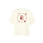 T-shirt Marie Max écru avec illustrations de Solange Stories dans le dos représentant des santiags, un camélia, un piment, un soleil et une allumette mêlées aux paroles de la chanson Mad Max